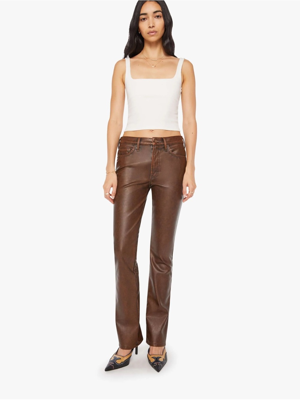 MOTHER - THR INSIDER SNEAK - Brown Faux Leather Straight-Leg Jeans